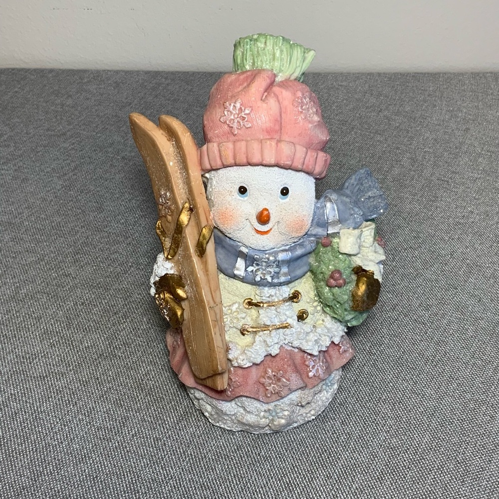 Festive Snowman Figurine with Skis - Multicolor